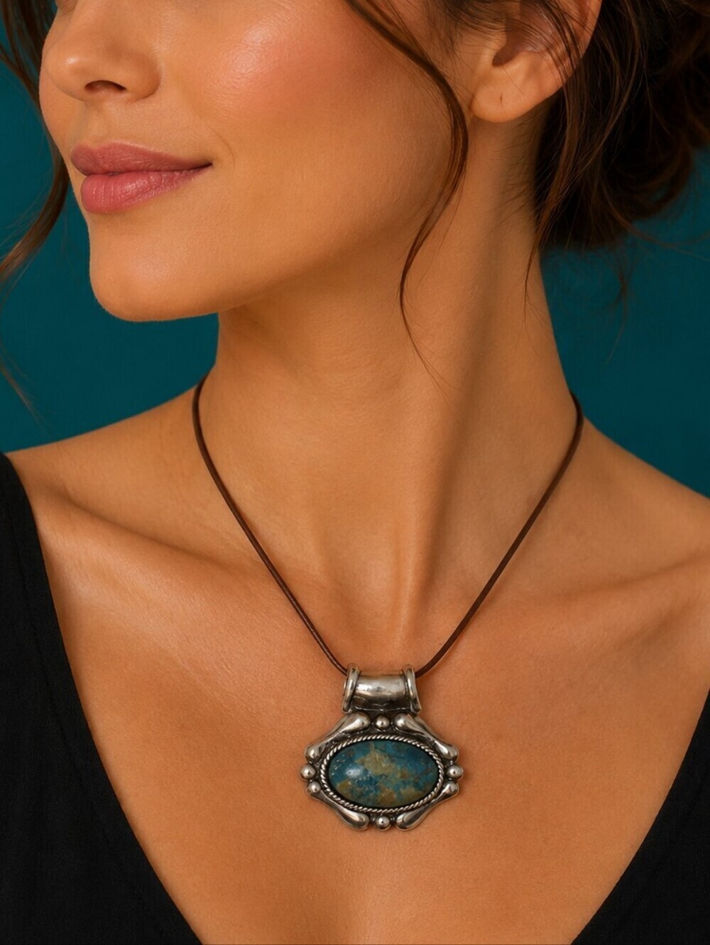 Vintage Ocean Jasper Art Noveau Castlecore Stainless Steel Pendant Rope Necklace
